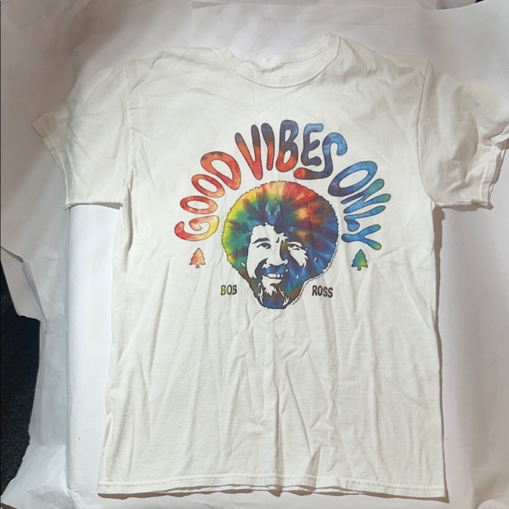 Bob Ross ‘Good Vibes Only’ Rainbow Graphic Tee - White